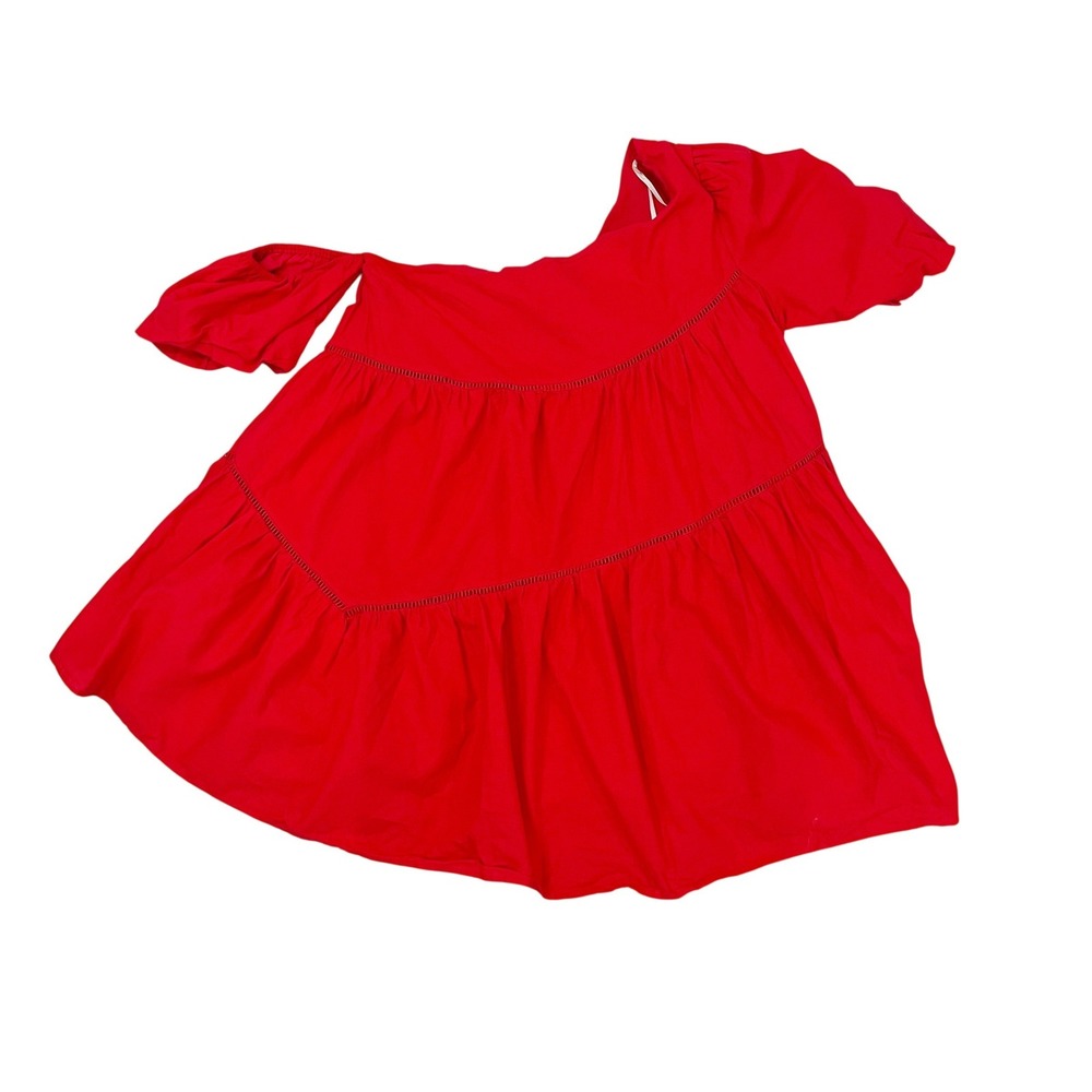 Arula Red One Shoulder Tiered Mini Dress Cotton Linen Boho - Size A, 1X